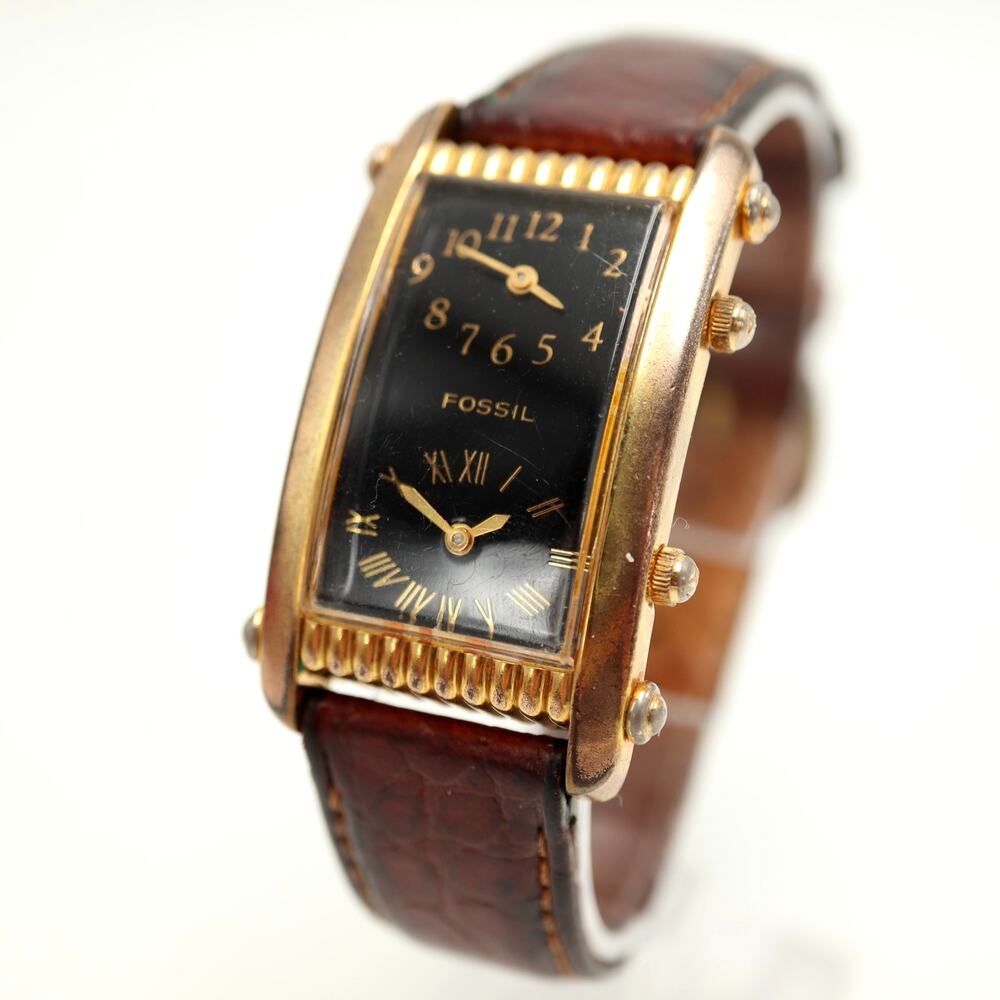 Vintage Fossil Dual Time 25mm Tank Watch Gold Tone Curved Black Dial New Battery